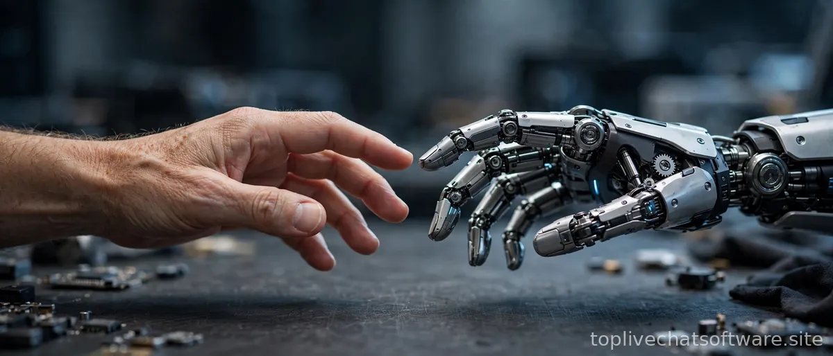 Robot hand and human hand reaching toward each other in a symbolic gesture.