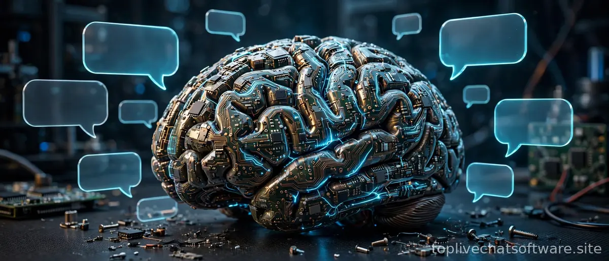 Glowing AI brain circuitry with chat bubbles floating around it.