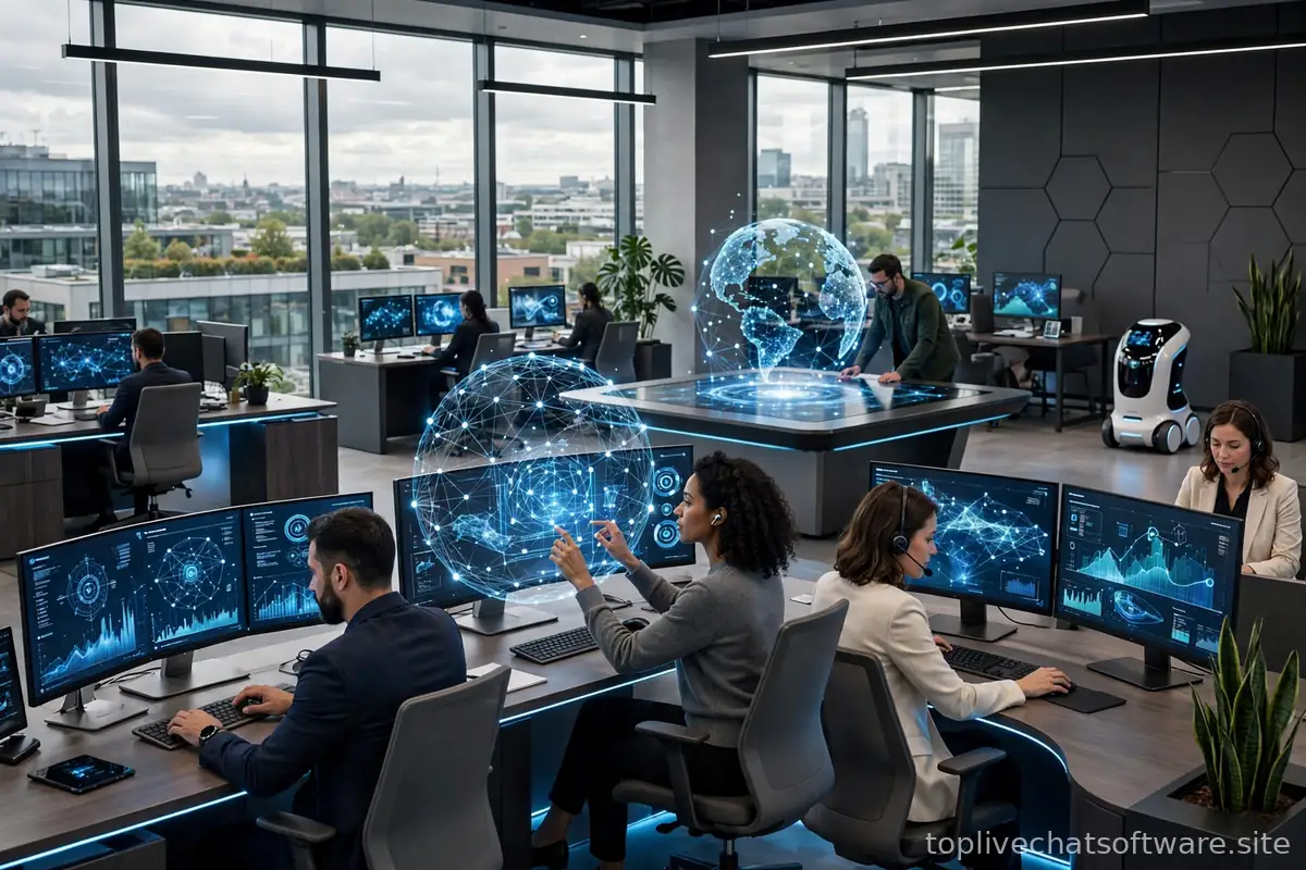 Futuristic AI customer support center with agents and holographic displays.