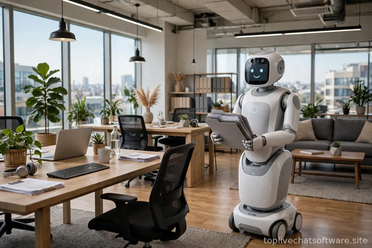 Friendly robot assistant working beside a human in a modern office.