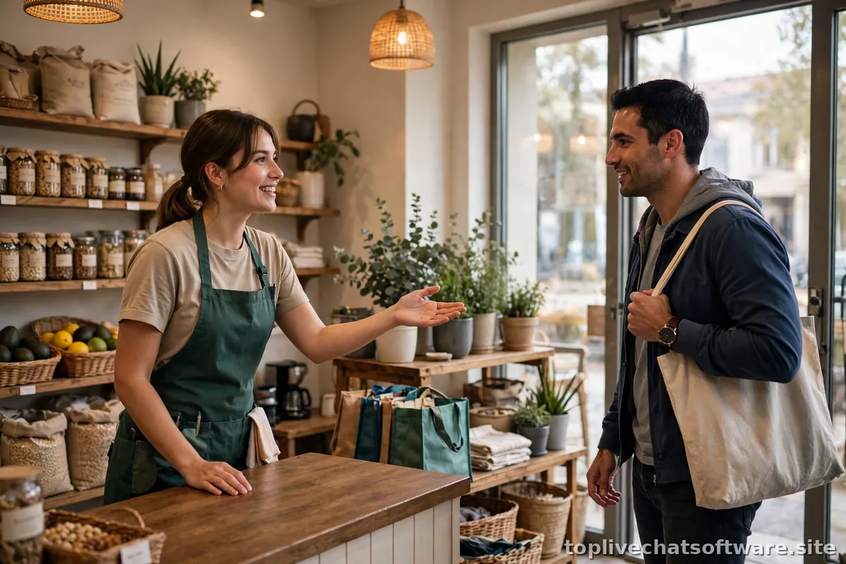 A store clerk warmly welcoming a customer, the offline equivalent of proactive chat