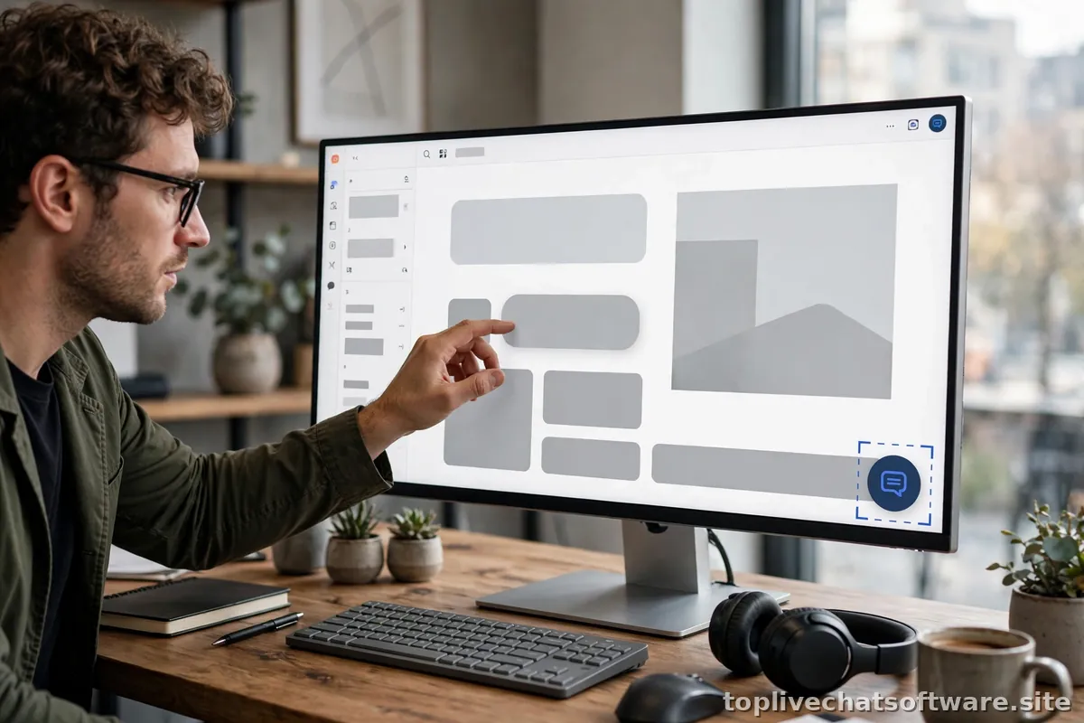A designer positioning a chat widget element on a website screen layout