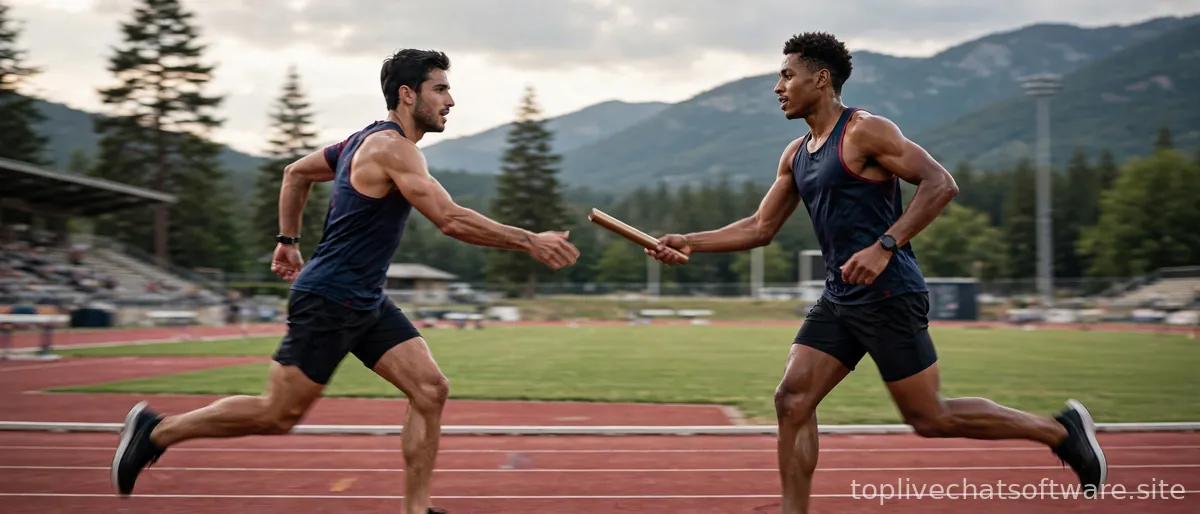 Relay race baton pass between runners, representing chatbot handoff to humans.