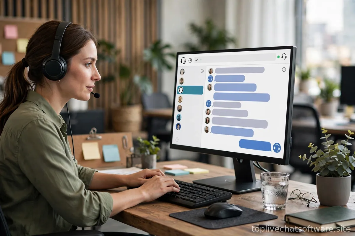 Support agent taking over a live chat conversation shown on a monitor.