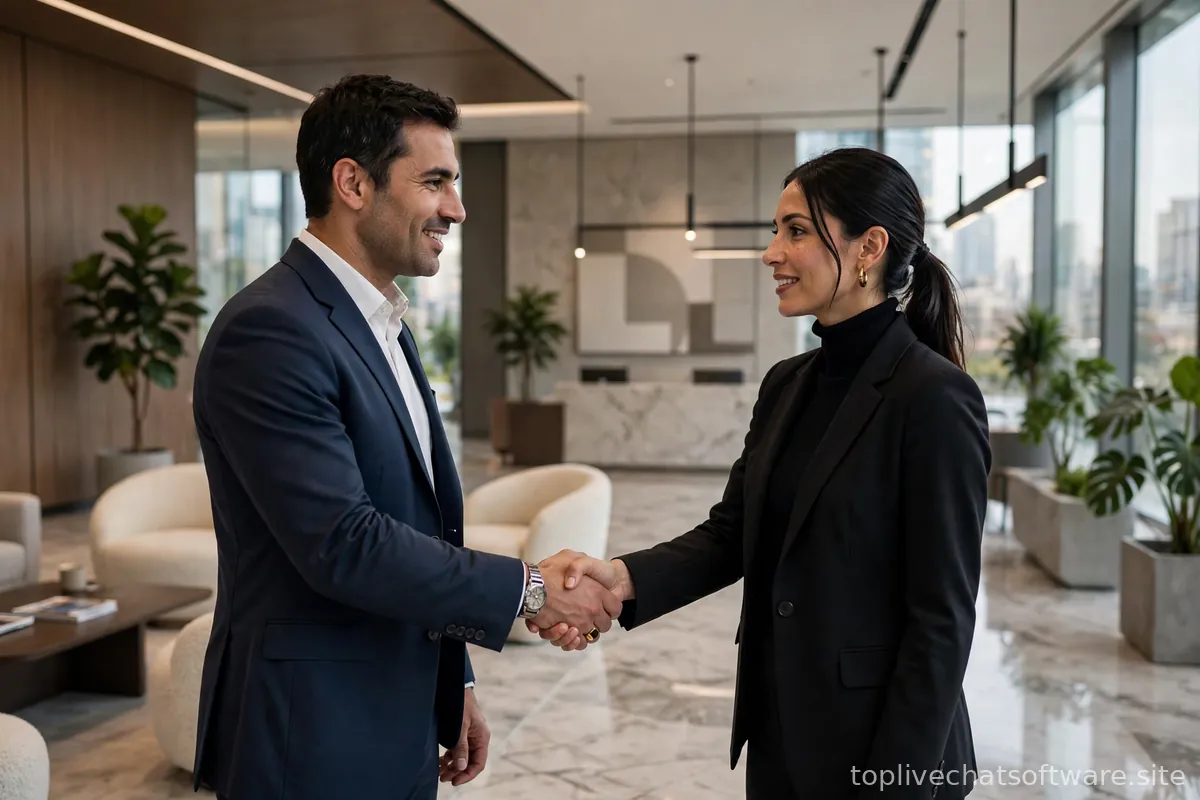 Business handshake in a modern corporate lobby, symbolizing an enterprise deal.