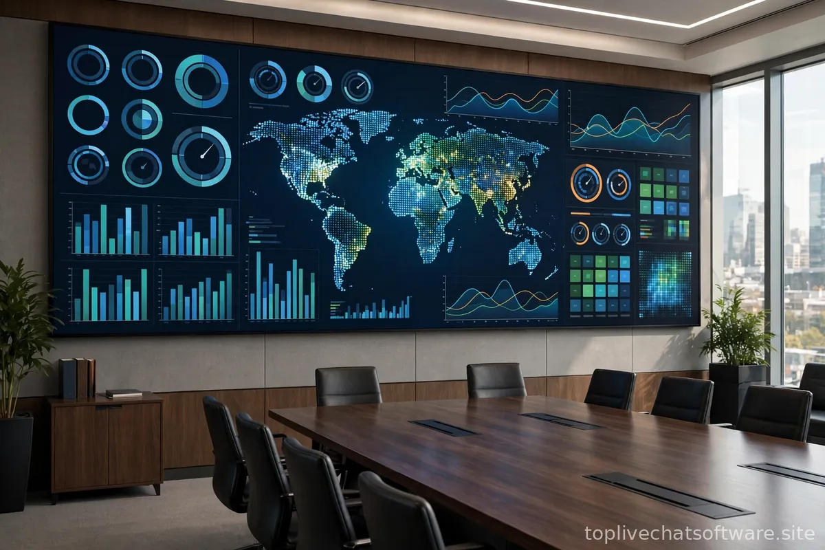 Corporate boardroom with a large customer support dashboard on the wall screen.