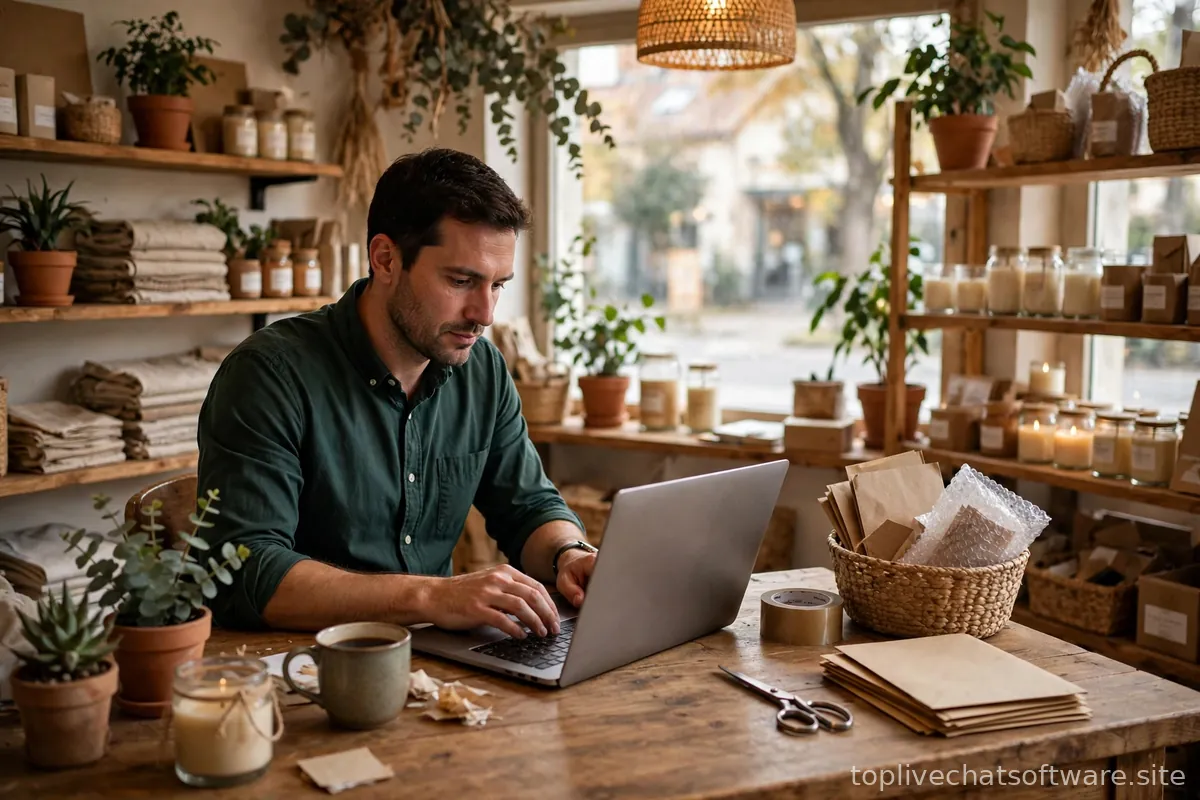 Small business owner working on a laptop at a home office desk, weighing live chat options.