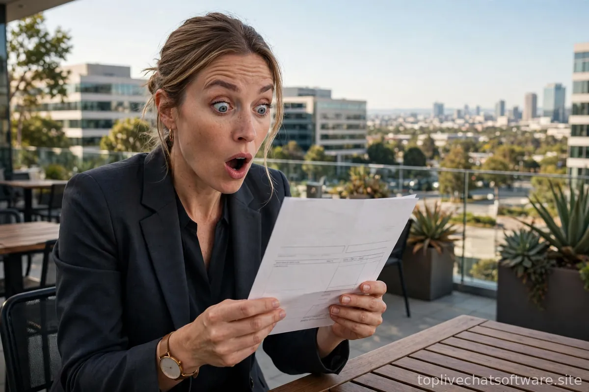 Surprised business person holding an unexpectedly high software invoice.
