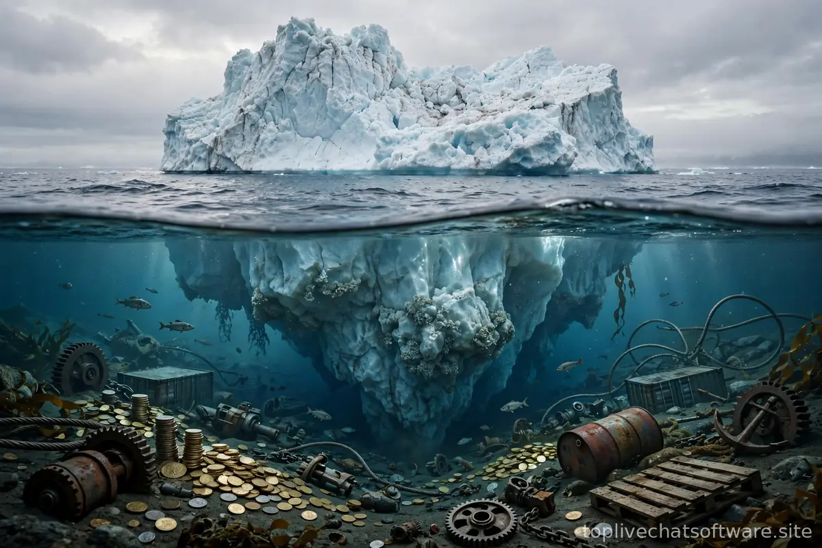 Iceberg floating above and below water, symbolizing hidden live chat costs.