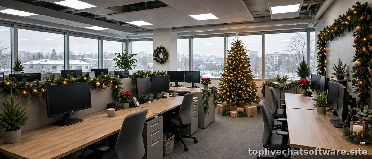A customer support office decorated for the holiday season with festive lights