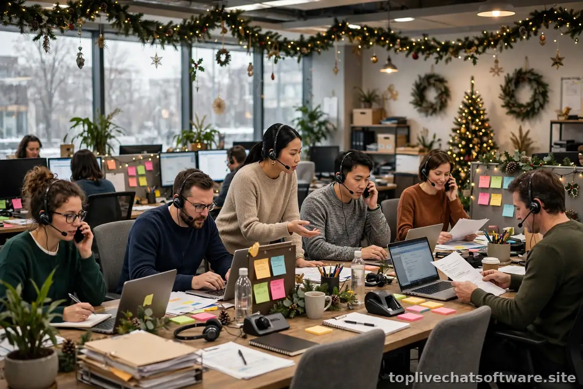 A busy customer support team handling chats during the festive holiday season