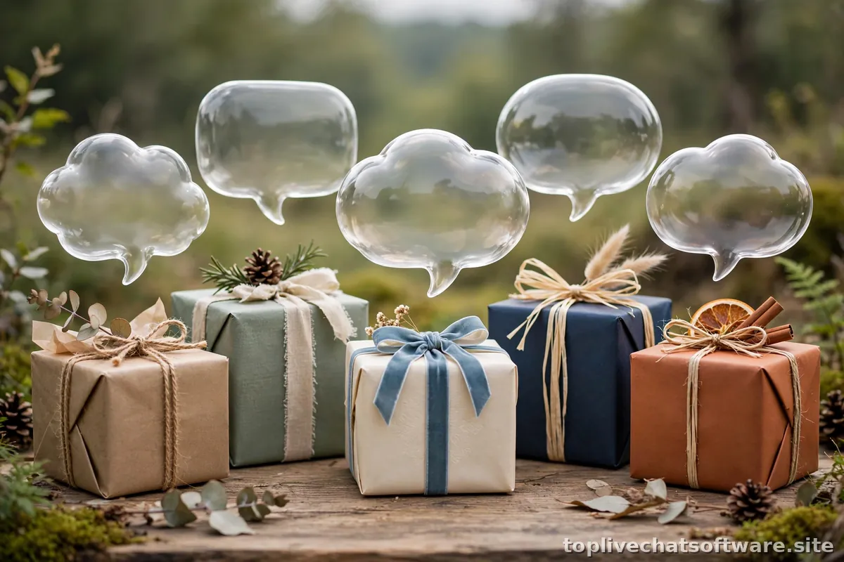 Festive gift boxes surrounded by floating chat bubbles in a holiday scene