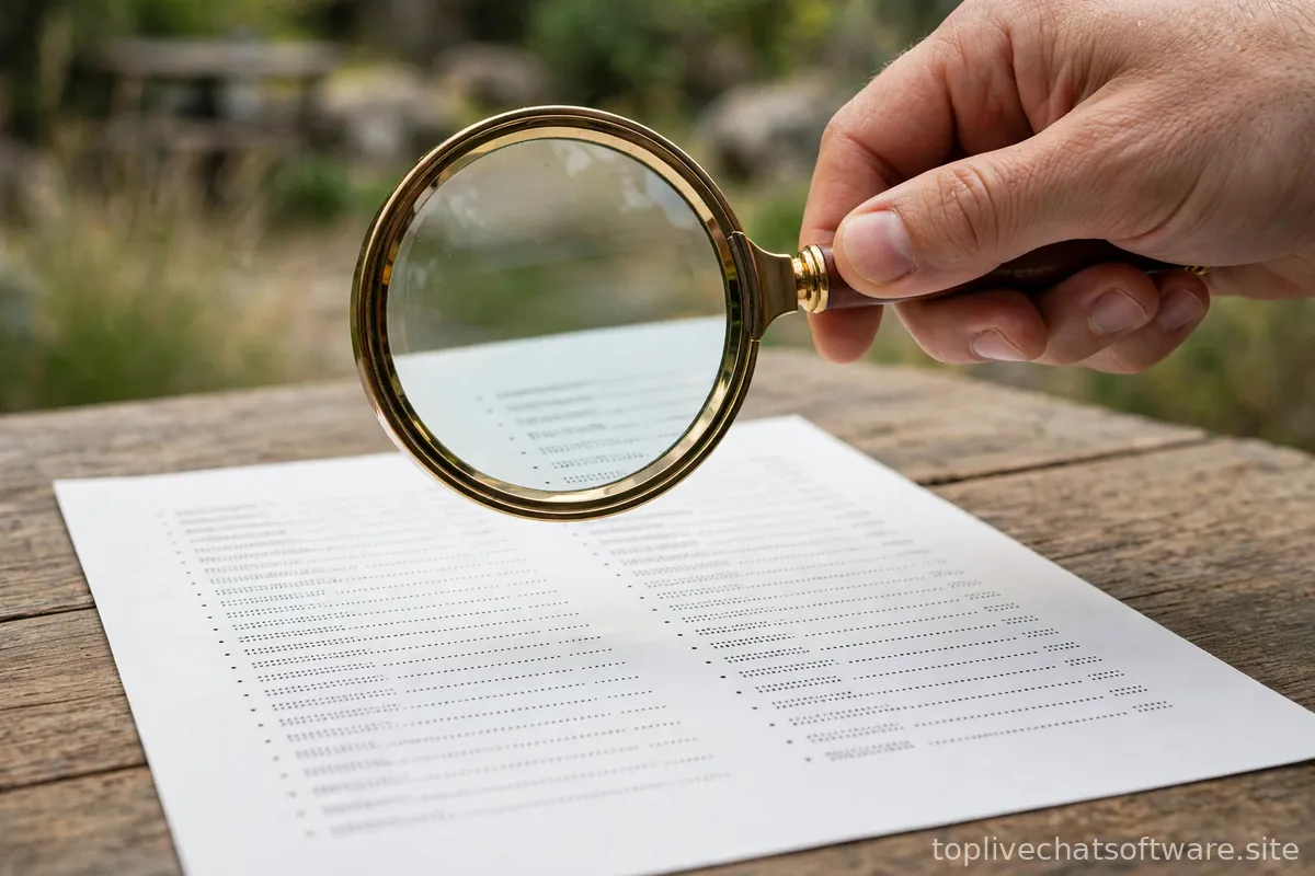 Hand holding a magnifying glass over a printed live chat price list.