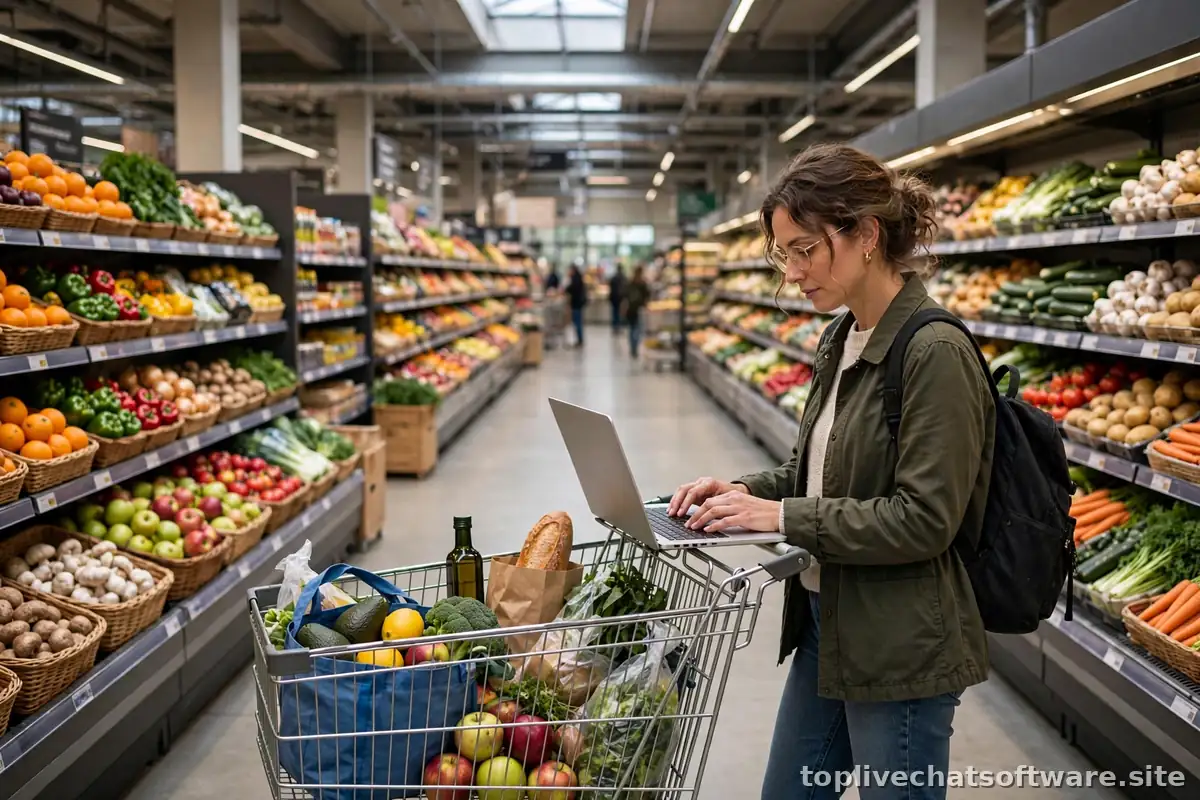 An online shopper with a laptop and shopping cart receiving live chat assistance