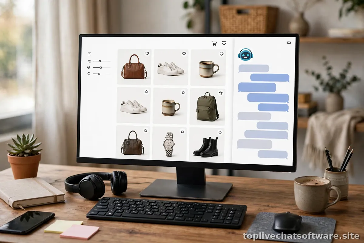 An ecommerce website featuring a chat assistant window for customer questions