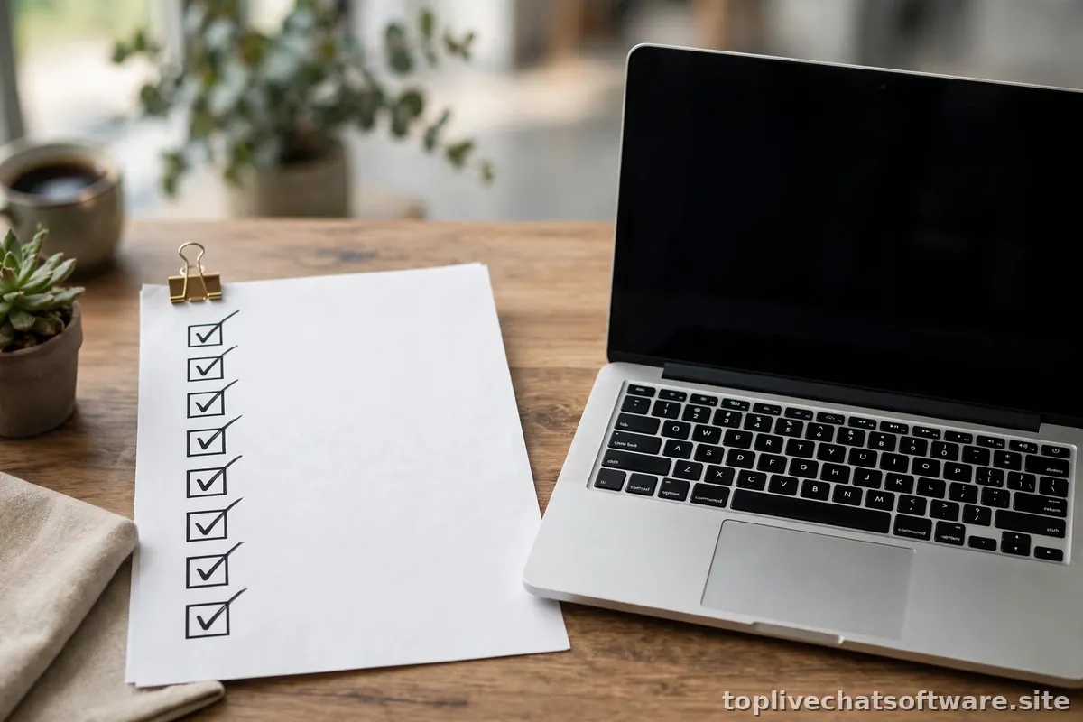 A printed checklist with green checkmarks lying beside an open laptop on a desk