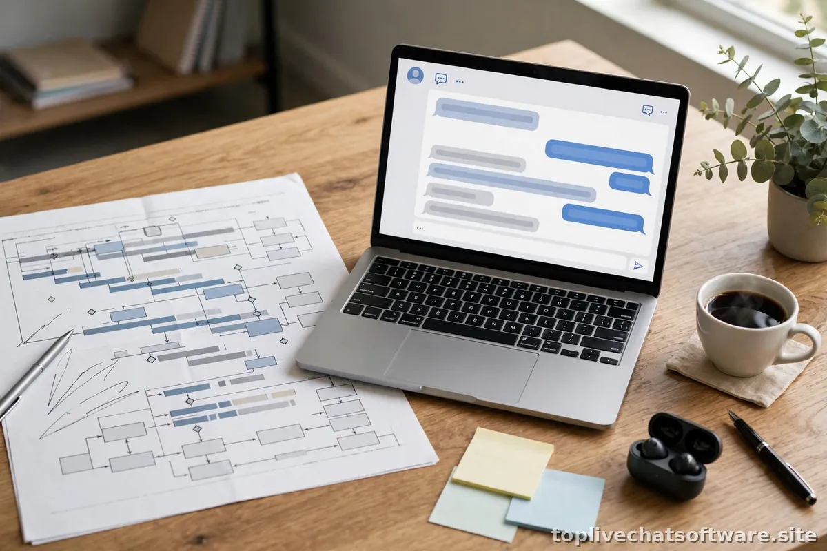 A project plan document on a desk with a live chat widget visible on a screen