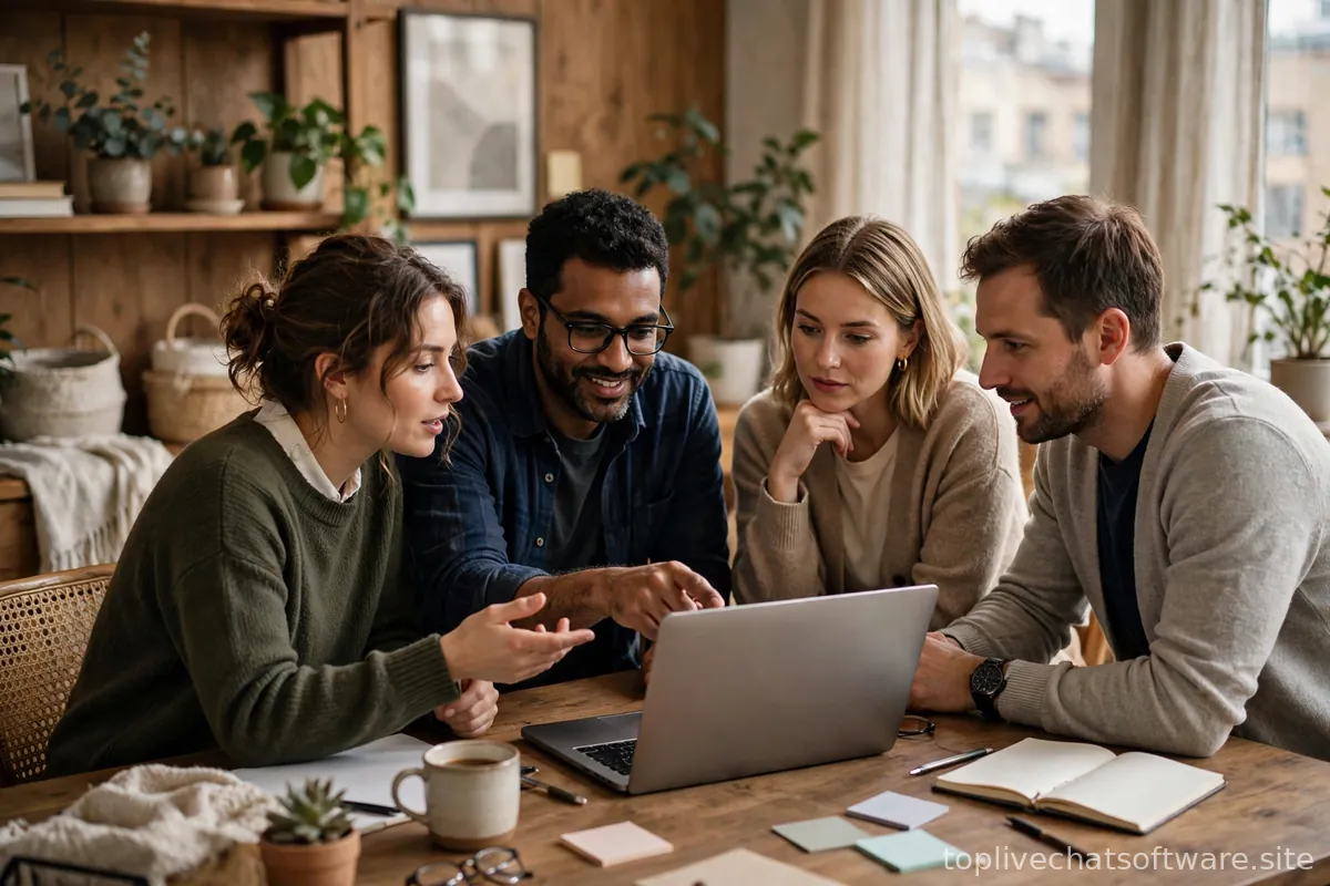 Small team collaborating around a laptop in a cozy startup office.
