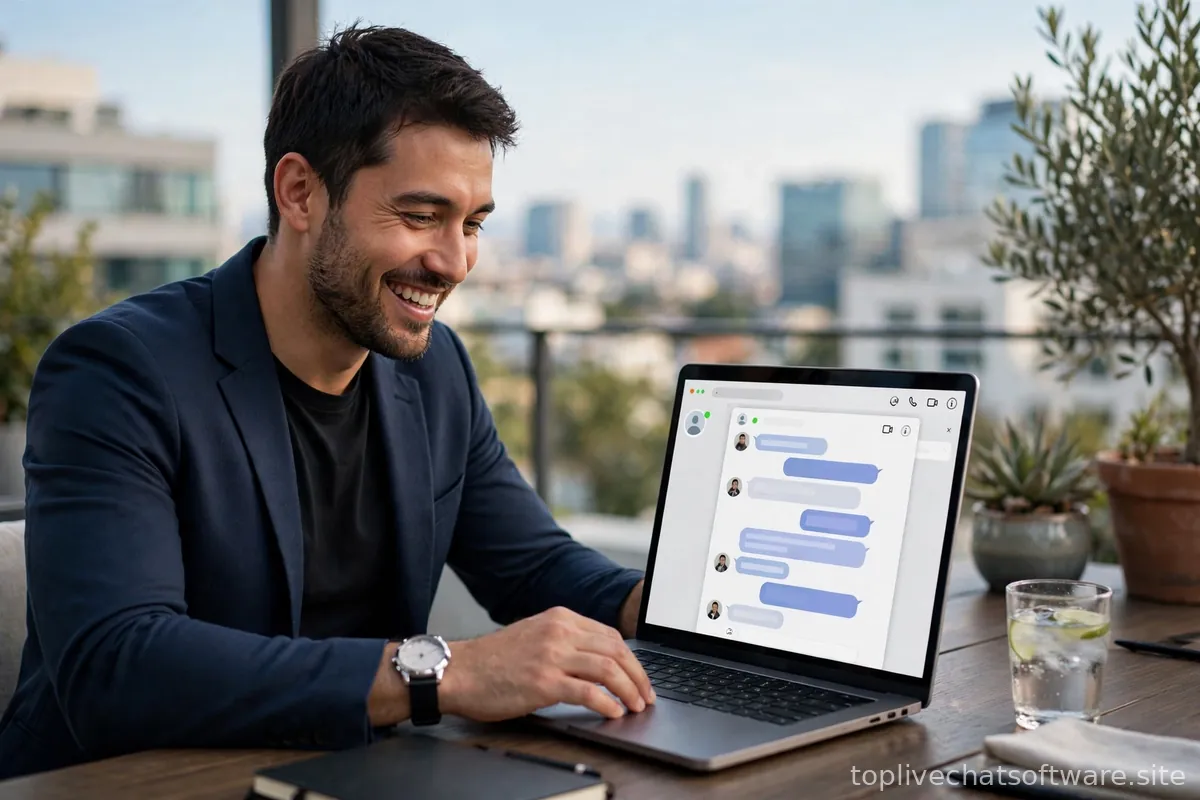 Smiling entrepreneur at a laptop with a live chat window open.