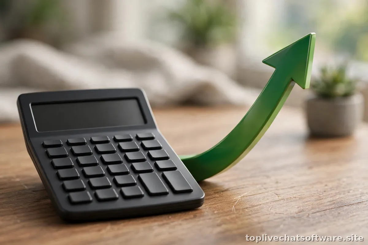 A calculator beside an upward growth arrow, symbolizing live chat ROI measurement