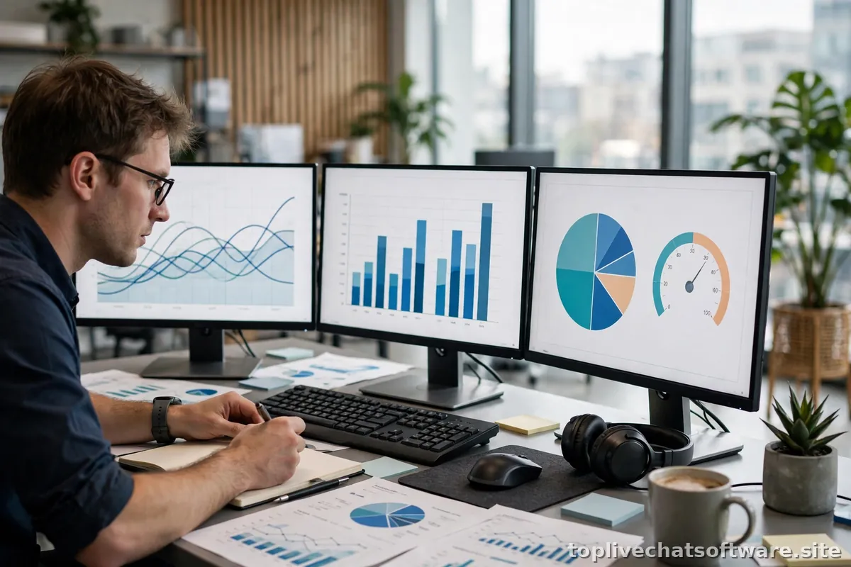 A business analyst reviewing customer support metrics on a computer screen