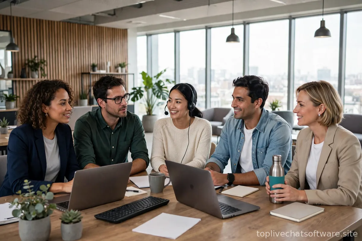 Customer support team collaborating in a bright, modern open-plan office.