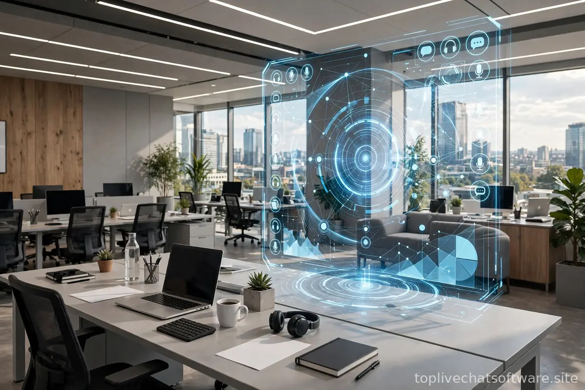 Modern office with a futuristic holographic live chat interface glowing in mid-air.