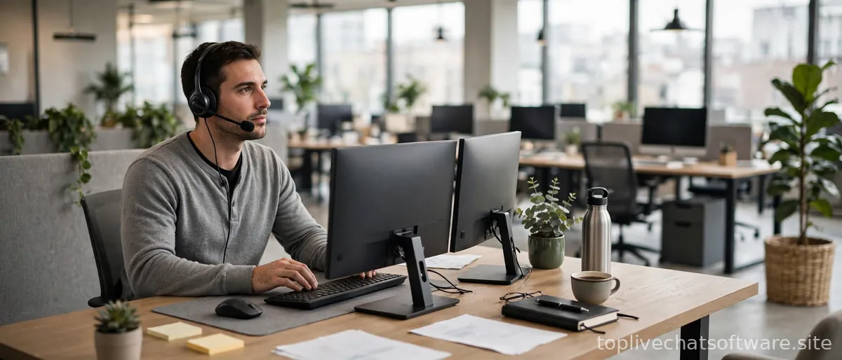 Customer support agent wearing a headset working at a sleek modern desk.