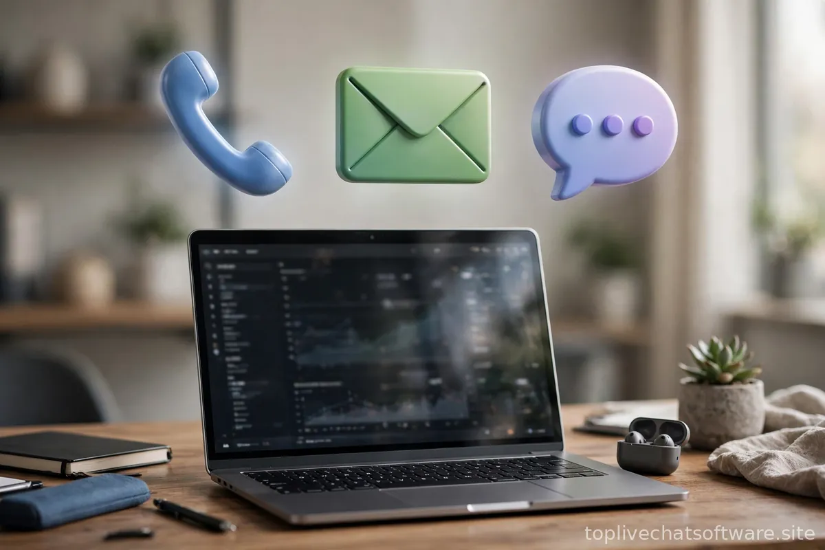 Three communication channel icons floating above an open laptop on a modern desk.