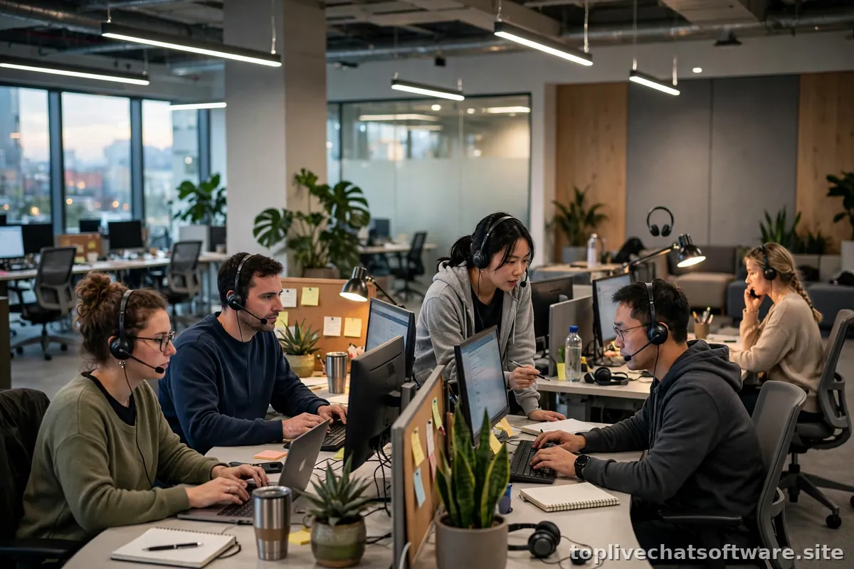 A customer support team working in shifts across desks in a modern office