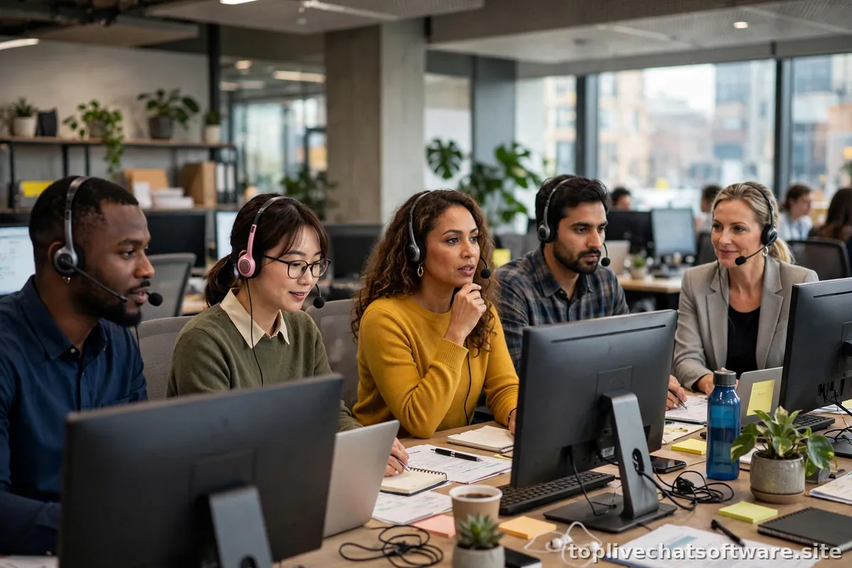 Diverse customer support agents wearing headsets at their workstations