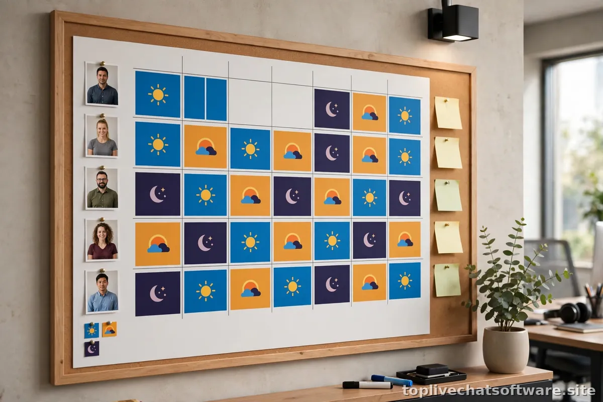 A schedule board showing customer support team shifts for the week