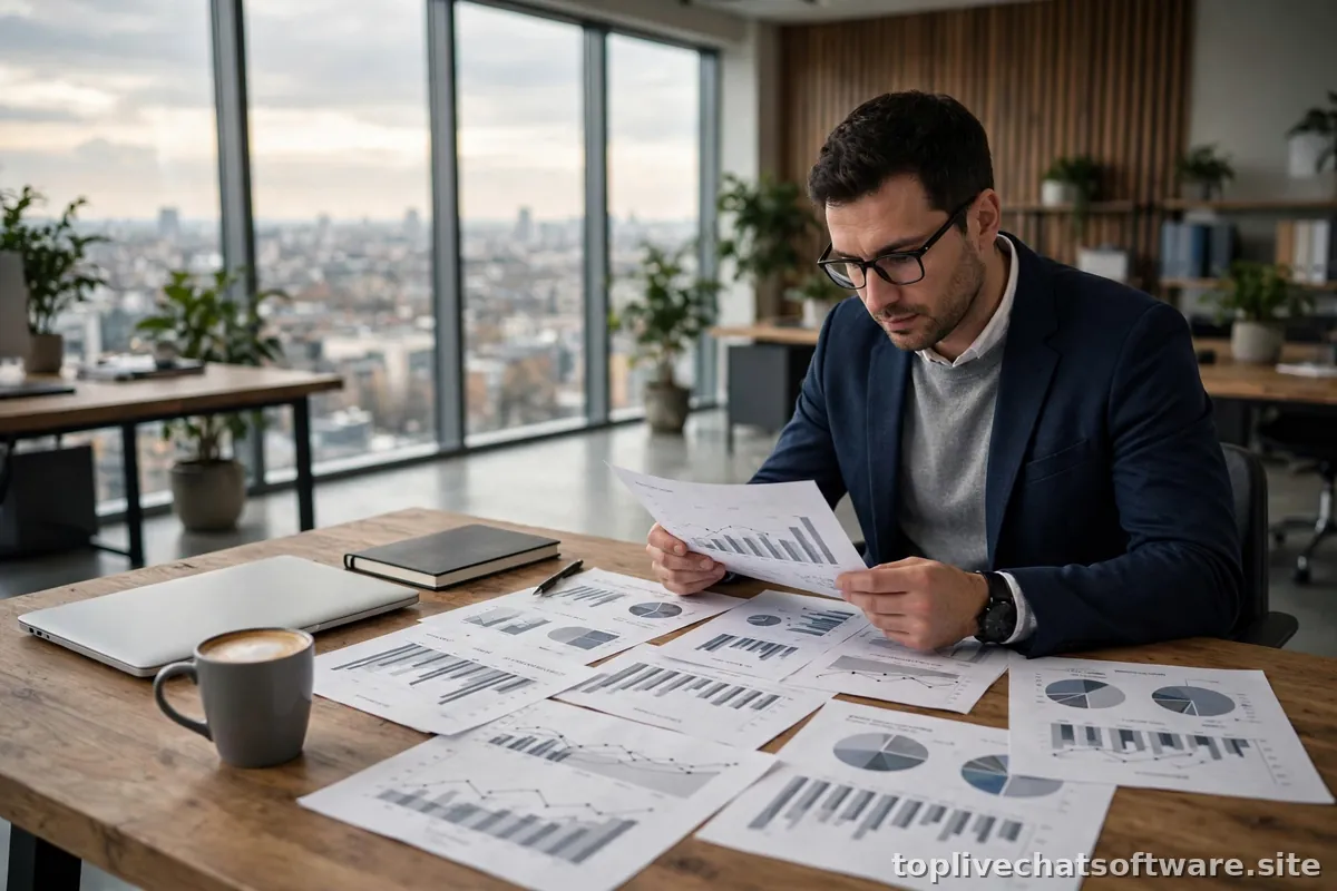A business analyst studying customer support benchmark reports on a desk