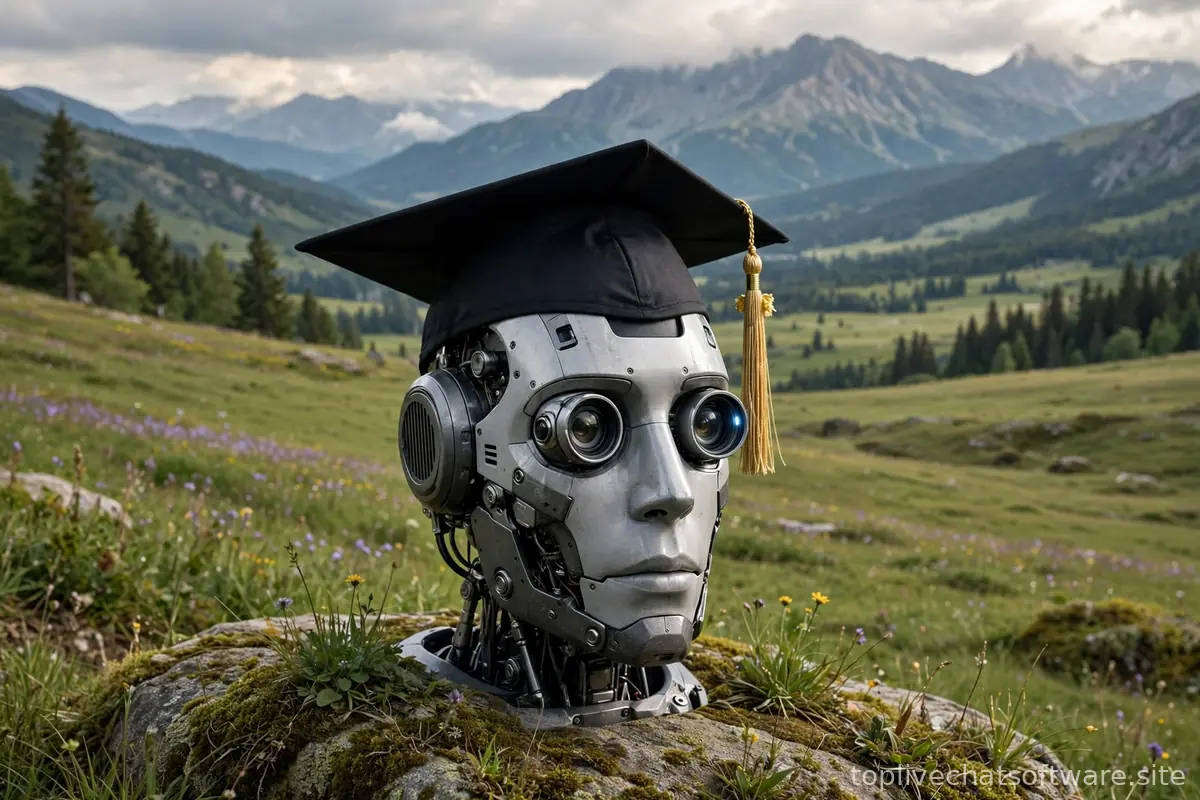 Graduation cap placed on a robot head, symbolizing an educated chatbot.