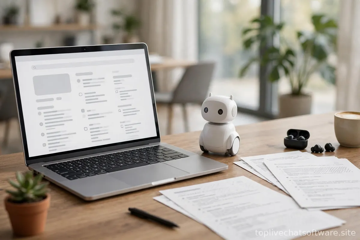 Laptop showing help center articles next to a friendly desk robot figure.
