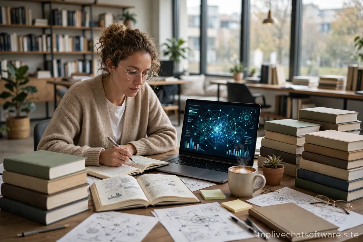 Person training an AI assistant using a stack of knowledge base books.